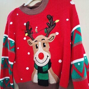 Christmas  Womens  Sz Small Sweater Reindeer Lights Applique Red Holiday Knit
